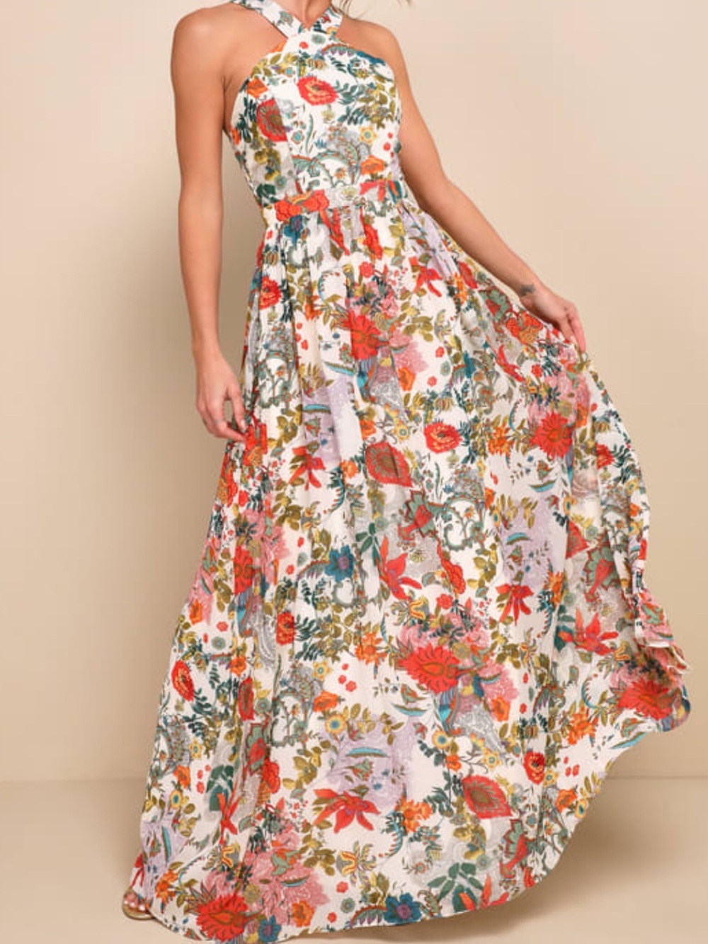LULUS Lilja Cream Floral Print Maxi Dress SZ SMALL